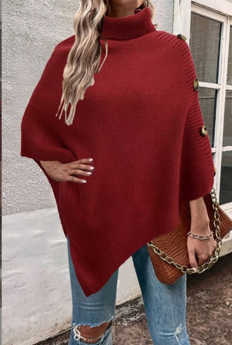 Women's Knit Poncho With High Collar And Button Details By Street-wave Cozy Chic For Women