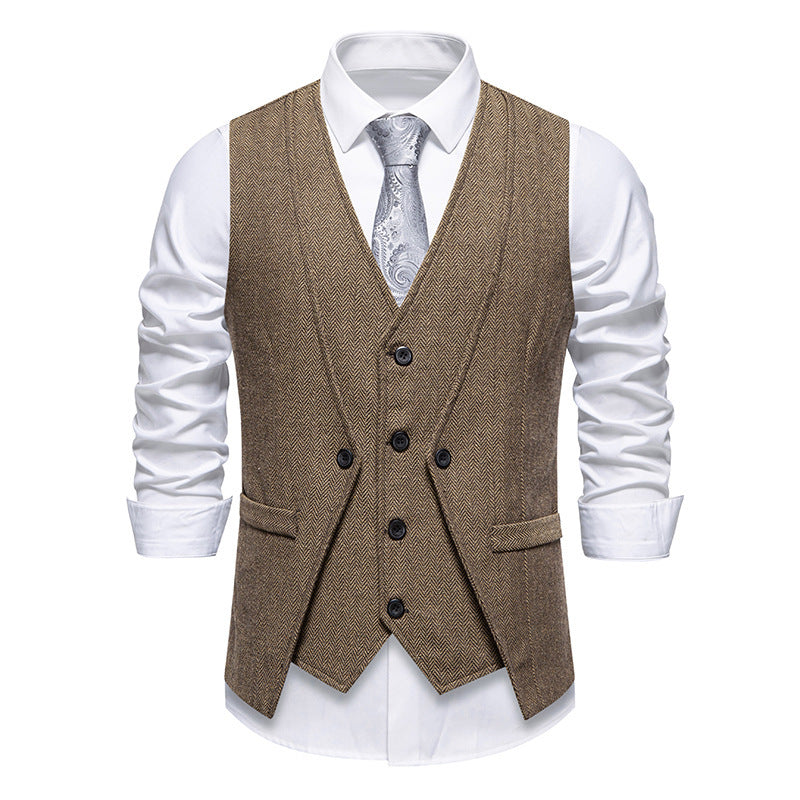 Street-Wave Herringbone Waistcoat For Men With Pockets Elegant Suit Vest For Formal Events