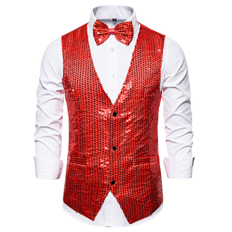 Streetwave Men Sequin Waistcoat With Matching Bow Tie Elegant Festive Vest For Weddings
