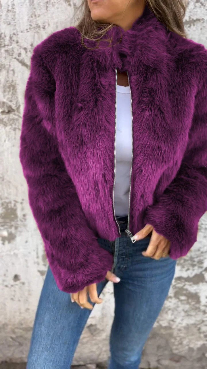 Street-Wave Faux Fur Zip Up Blazer With Stand Collar For Winter Women Warm Chic Outerwear