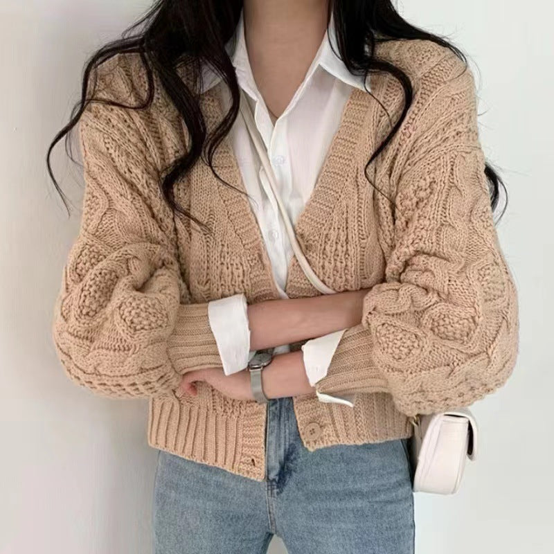 Street Wave Womens Chunky Knit Cardigan With Voluminous Sleeves And Unique Cable Pattern