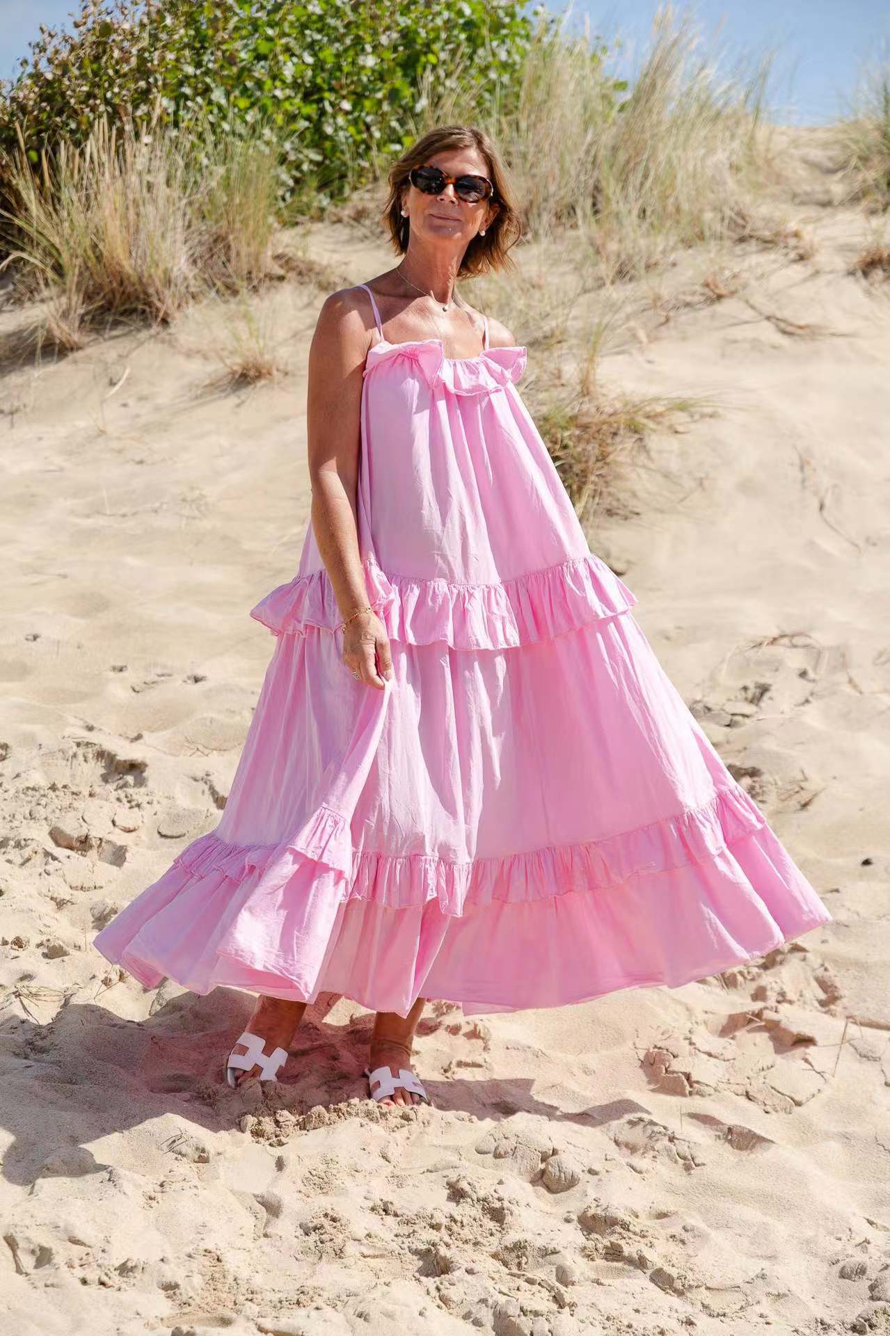 Street Wave Womens Maxi Dress Flowy Tiered Cotton Blend Ruffle Neckline