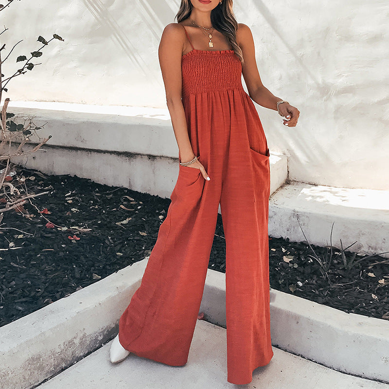Street-Wave Women Jumpsuit Relaxed Fit Spaghetti Straps Ankle Length Pockets
