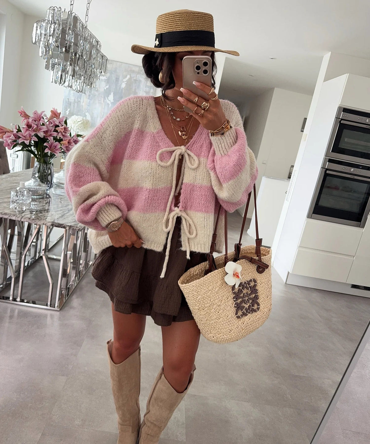 Streetwave Womens Striped Knit Cardigan With Loose Fit And Tie Belt For Everyday Style