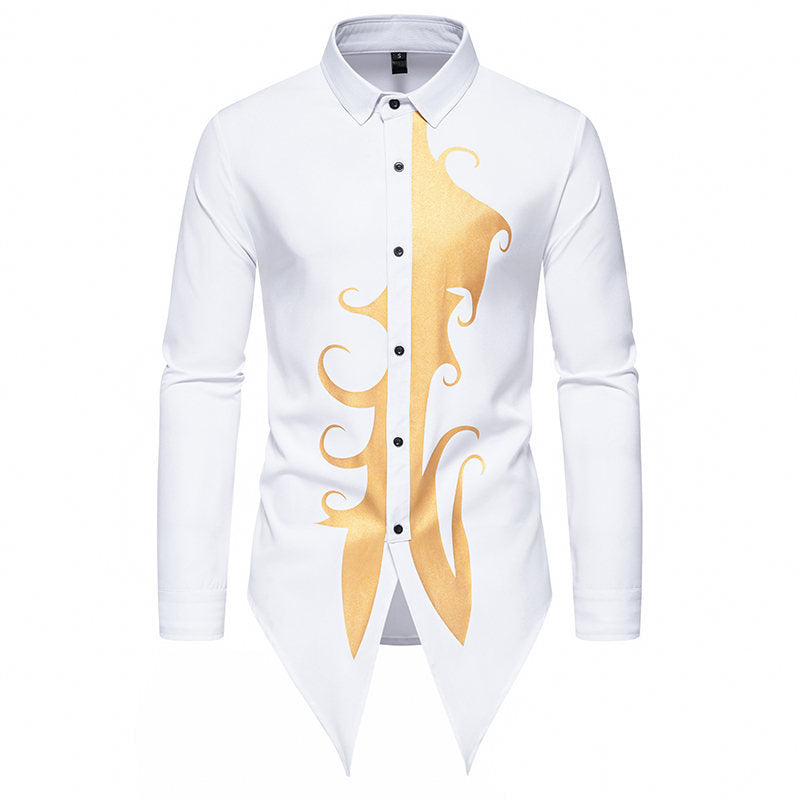 Street-wave Mens Long Sleeve Shirt With Gold Motif And Modern Cut For Style Conscious Men