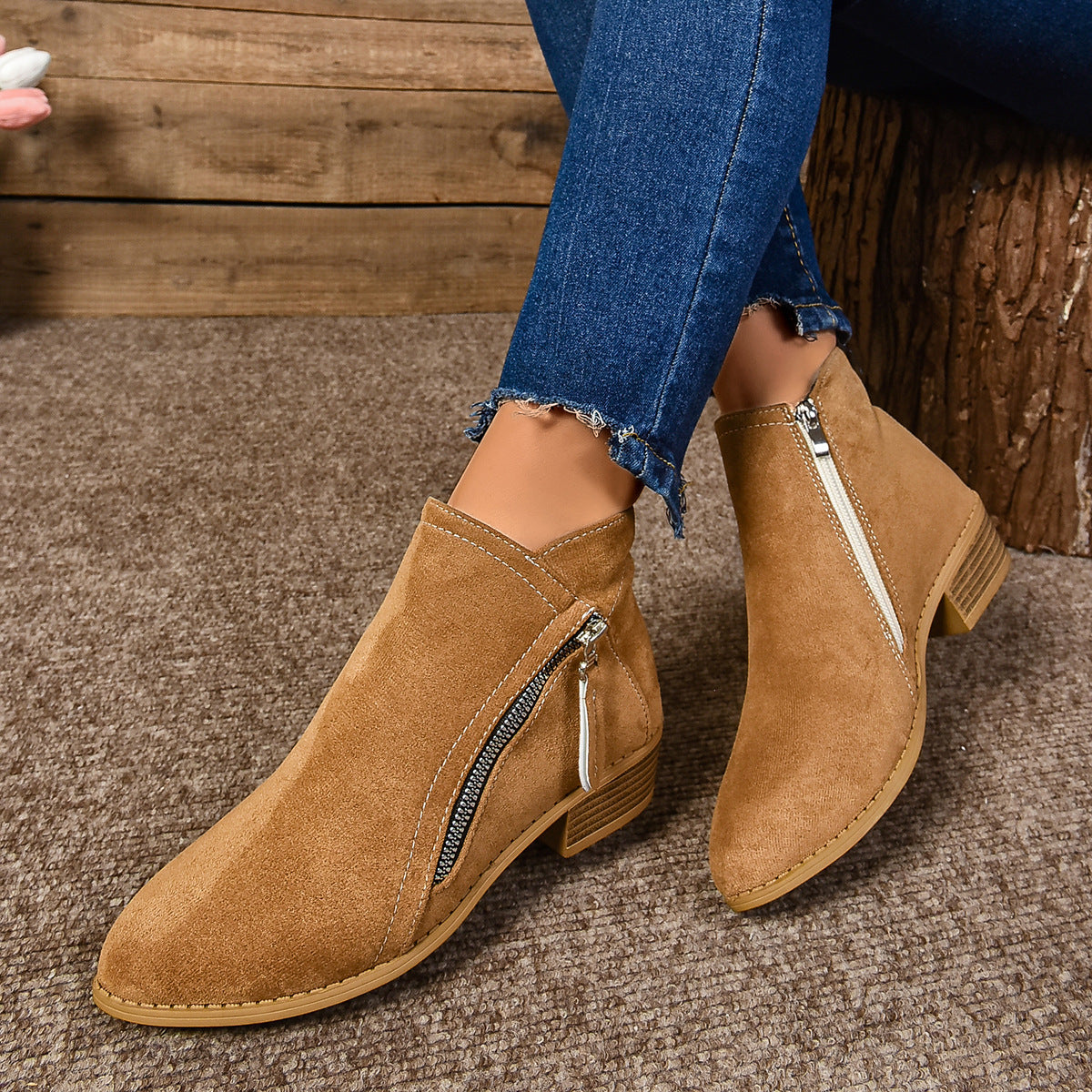 Street-Wave Women Suede Ankle Boots With Side Zipper Elegant Comfortable Fashionable Footwear