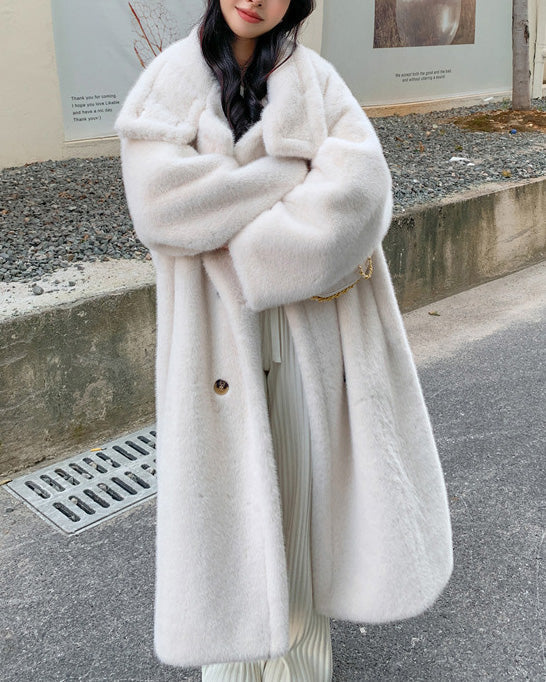 Street-Wave Faux Mink Long Coat For Women With High Collar And Double Button Closure, Premium Warmth And Chic Style