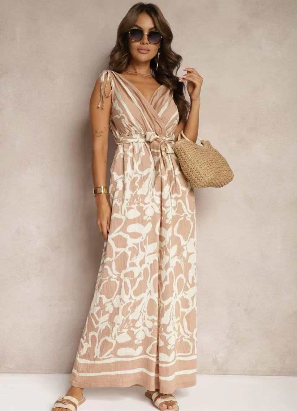 Street-Wave Women's Jumpsuit Sleeveless V-Neck Relaxed Belted Printed