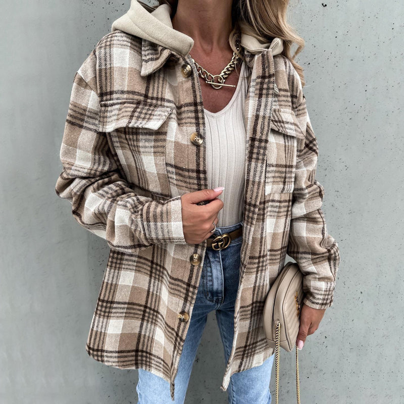 Street-wave Stylish Plaid Hooded Coat for Women With Removable Hood Cotton-Polyester Blend