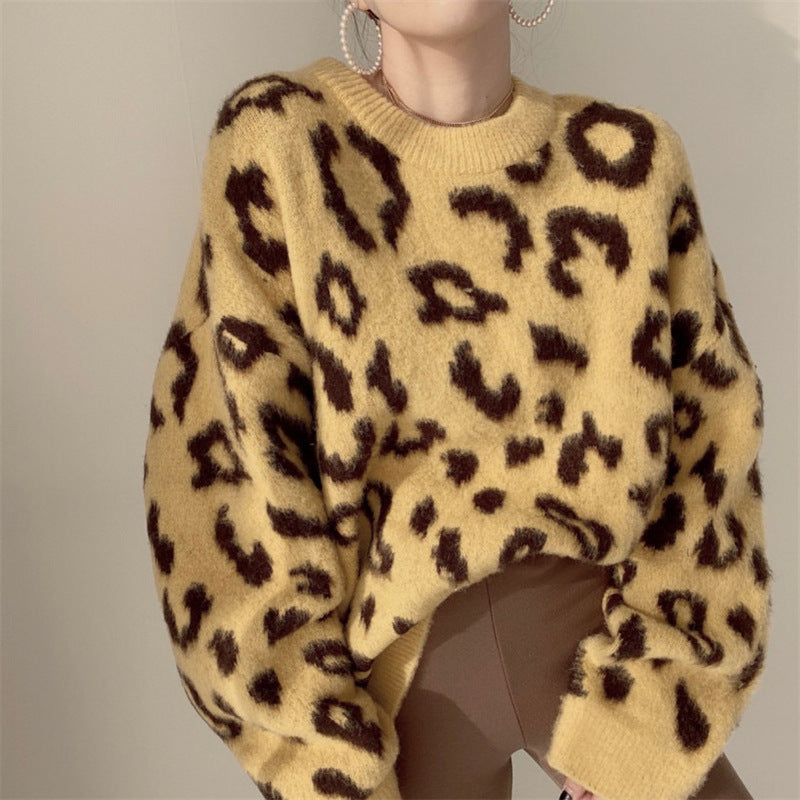 Street-wave Leopard Print Fluffy Sweater For Women Cozy Warmth And Soft Comfort All Day
