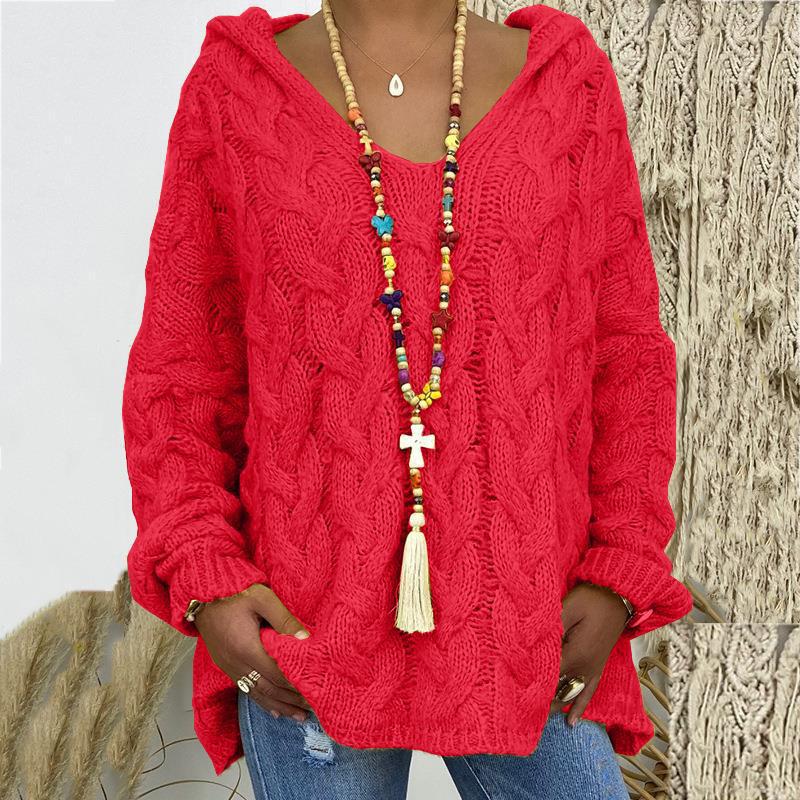 Street-wave Knitted Hoodie With V-Neck Cozy Cable Knit Sweatshirt For Women Elegant Casual Look