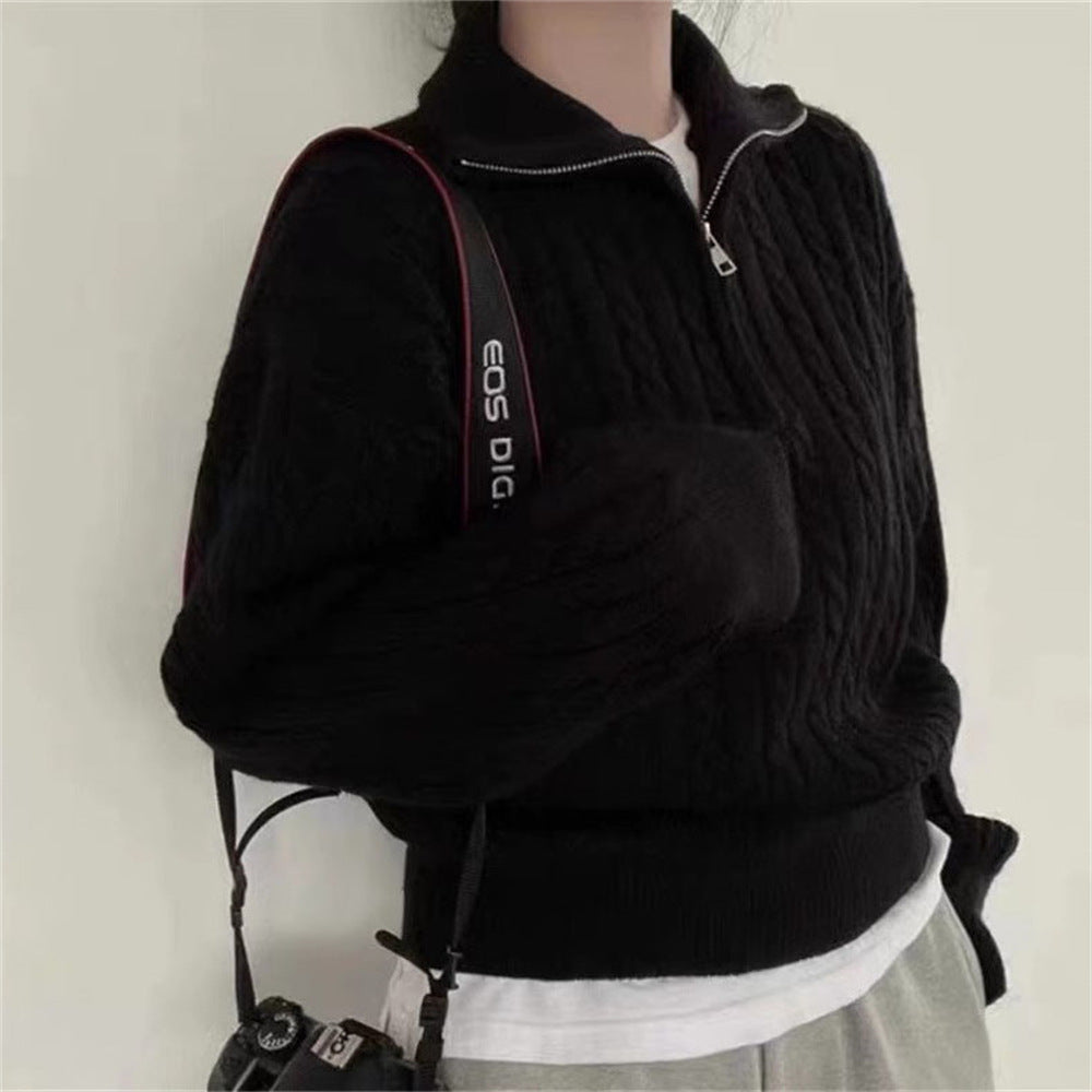 Street Wave Women Cozy Cable Knit Pullover With High Collar Zip Soft Warm Versatile