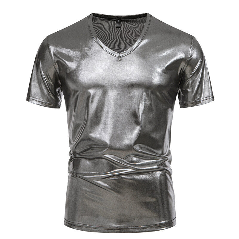 Street-wave Metallic V Neck T Shirt For Men Shiny Finish Party Wear All Day Comfort