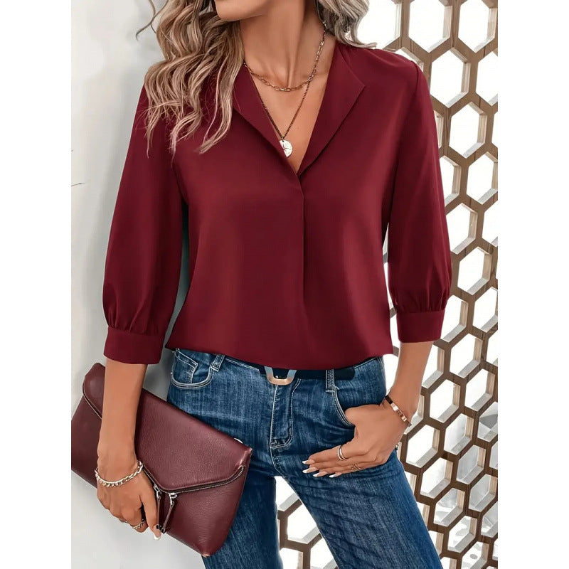 Street-Wave Women Viscose Blouse Elegant V-Neck Three Quarter Sleeves Versatile Office Ready
