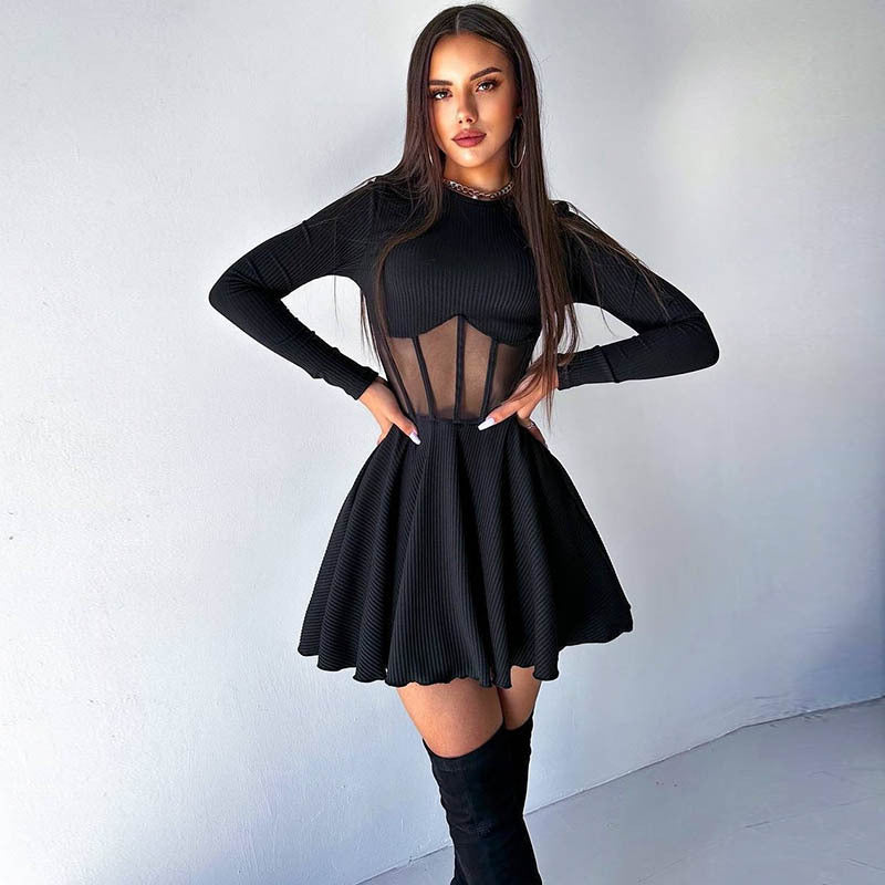 Street Wave Red Mini Dress With Transparent Insets For Women, Elegant Sleek Corset Belt