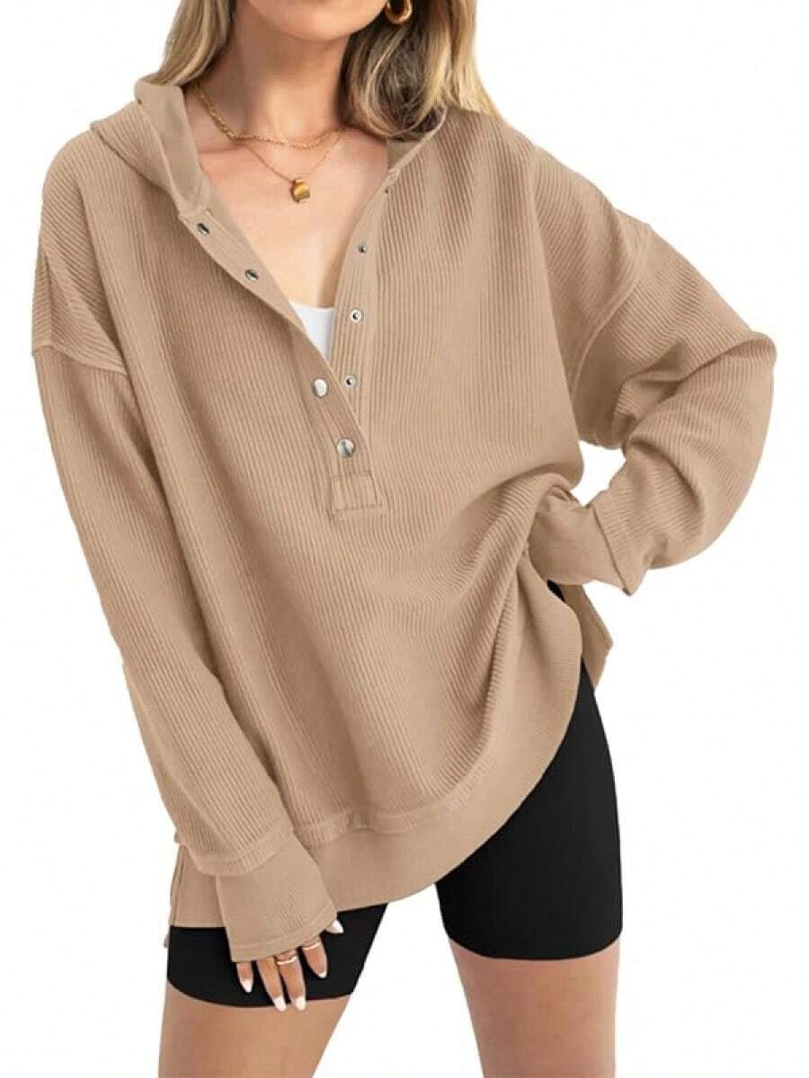 Street-Wave Women's Ribbed Hoodie With Button Placket, Drop Shoulders, And Relaxed Fit For Casual All Day Comfort
