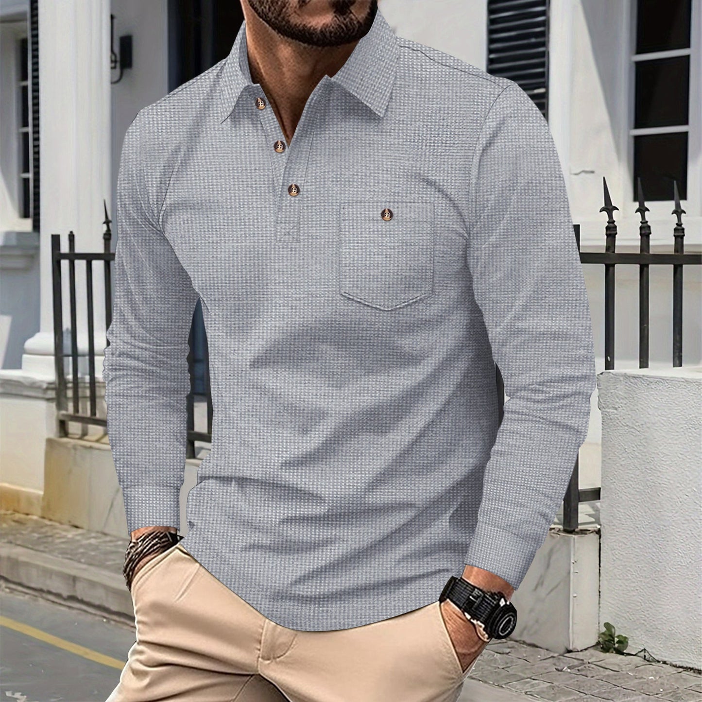 Street-Wave Mens Long Sleeve Polo Shirt Breathable Durable Fabric Versatile For Casual Or Formal Wear