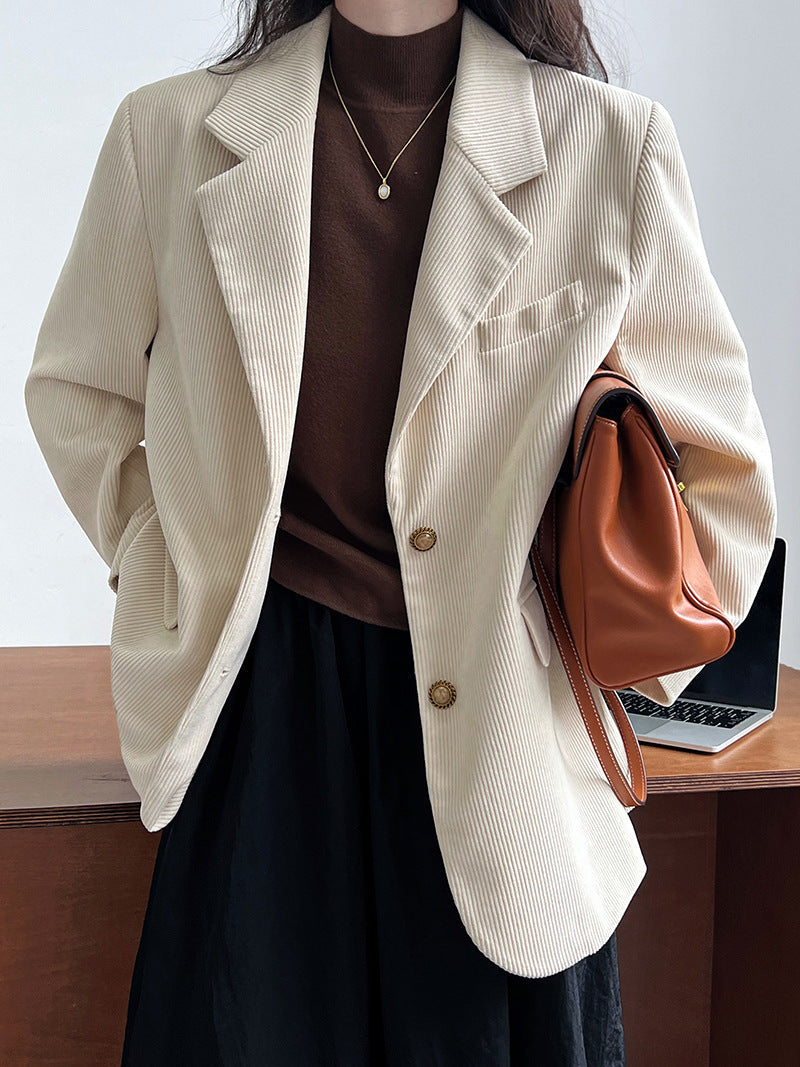 Street-Wave Corduroy Blazer With Metal Buckles Loose Fit For Women Urban Streetwear
