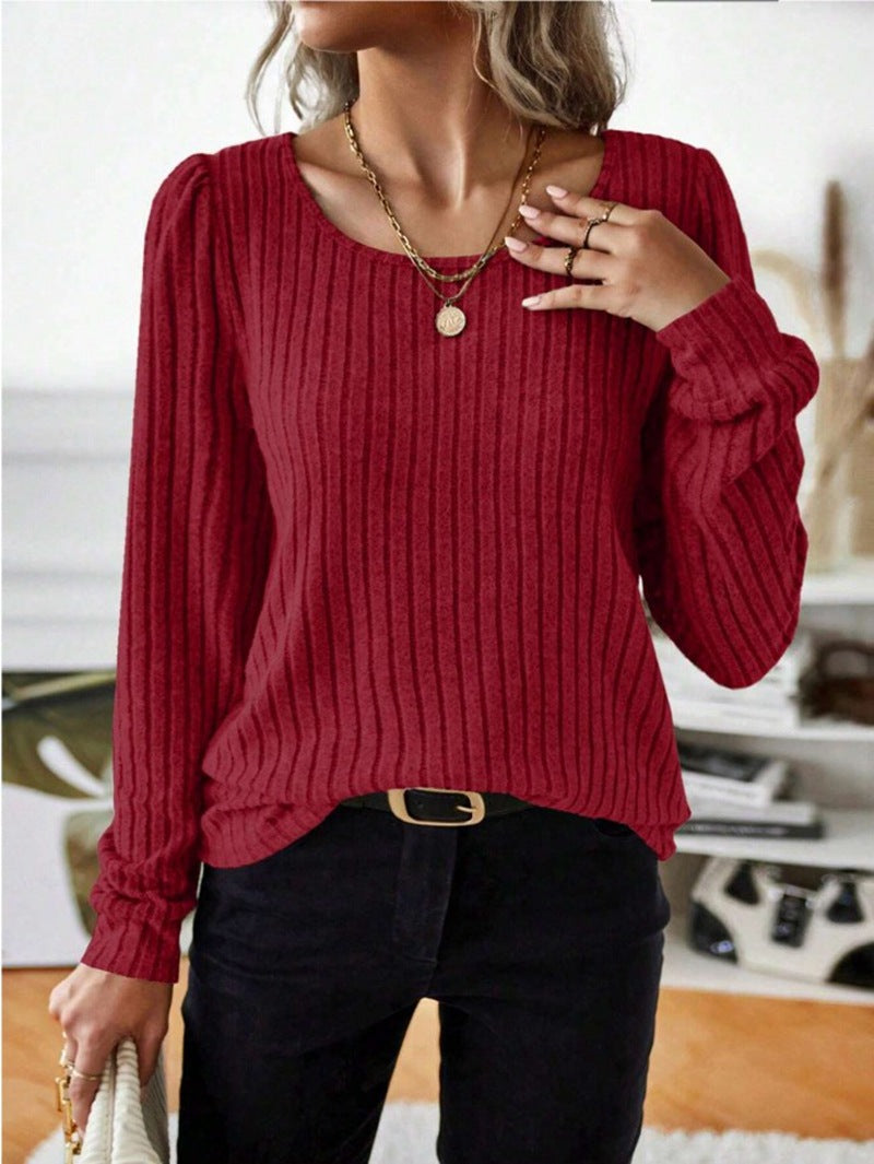 Streetwave Striped Puff Sleeve Sweater For Women Cozy Cotton Blend Knit Top Office Or Casual Wear