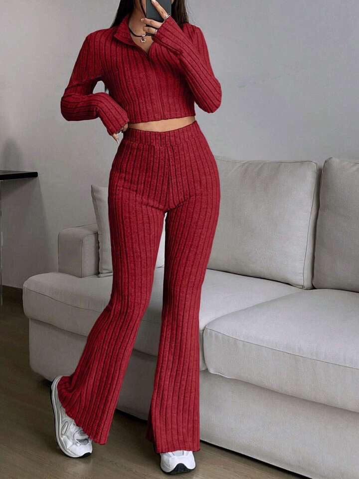 Street-wave Rib Knit Two-Piece Set For Women Cropped Top With Flared Pants Casual Chic Comfort