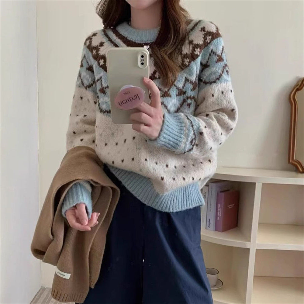 Street Wave Womens Knit Sweater With Graphic Norwegian Pattern For Warmth And High Crew Neck