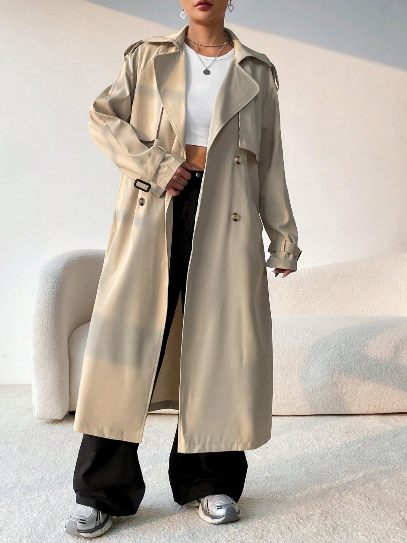 Street-wave Trench Coat For Women With Double Button Closure Timeless Elegance Modern Street Style