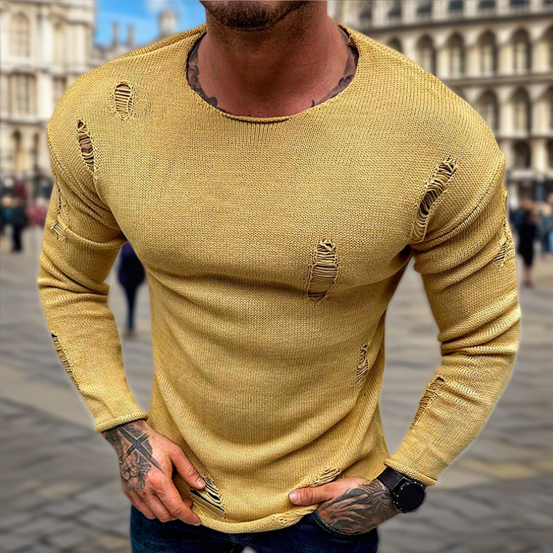Mens Distressed Knit Sweater With Frayed Details Streetwave Premium Breathable Cotton Pullover