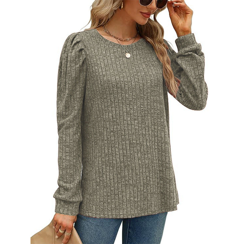 Street-wave Women's Gathered Sleeves Knit Sweater Cozy Ribbed Pullover For Everyday Style