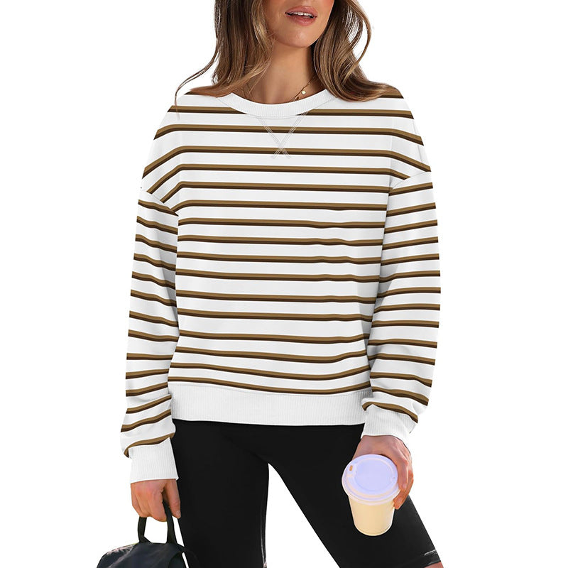 Street-Wave Women's Casual Striped Sweatshirt With Crew Neck, Soft Cotton Blend For Everyday Comfort