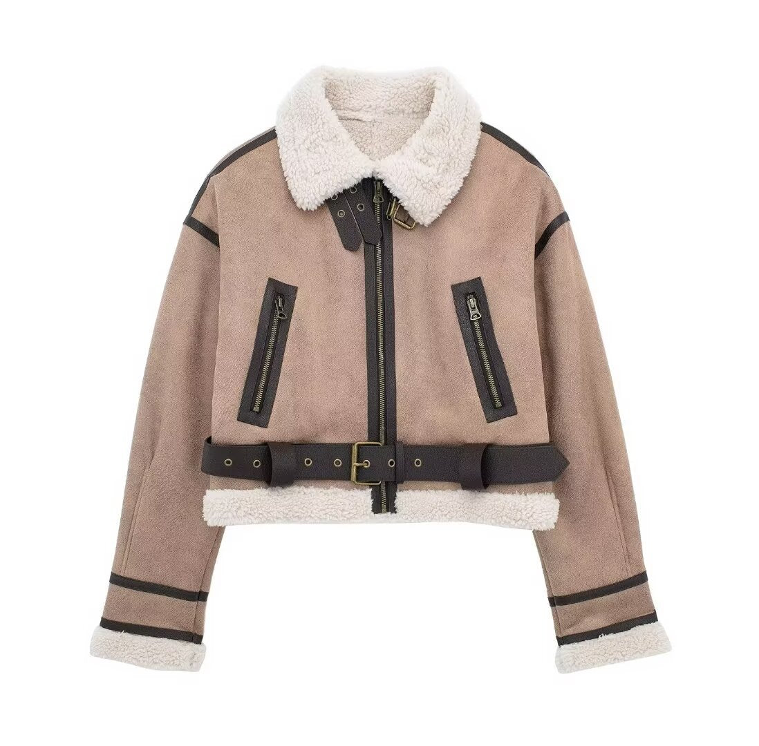 Street-Wave Women's Leather Jacket With Shearling Collar And Zip Pockets Everyday Wear