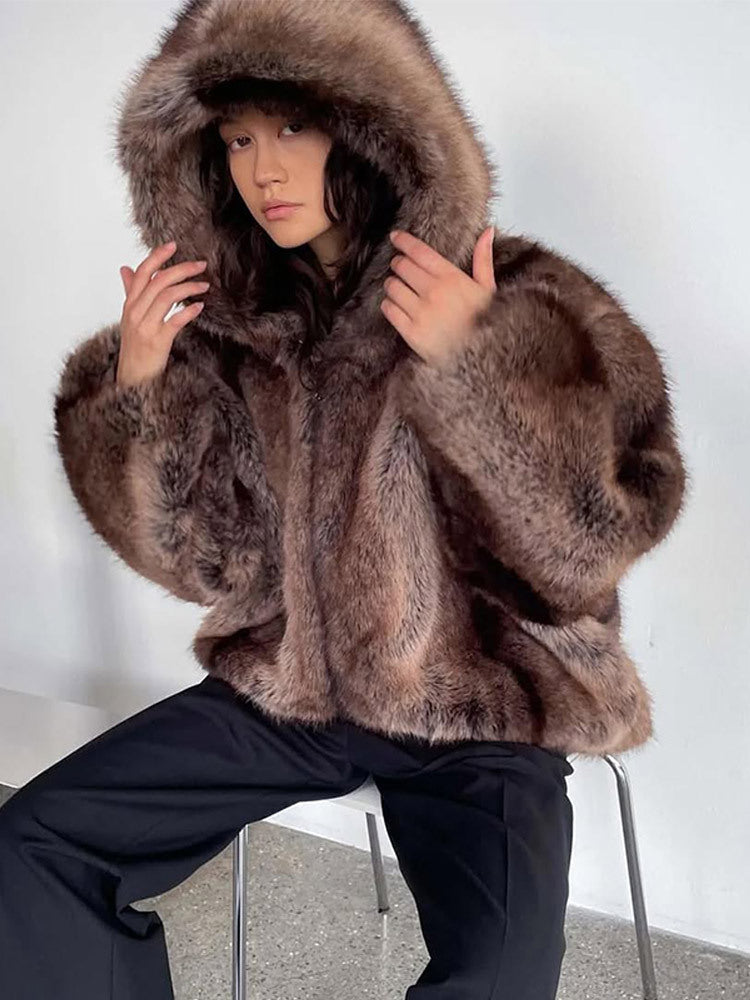 Street-wave Womens Cozy Faux Fur Hooded Jacket With Plush Warmth And Soft Lining