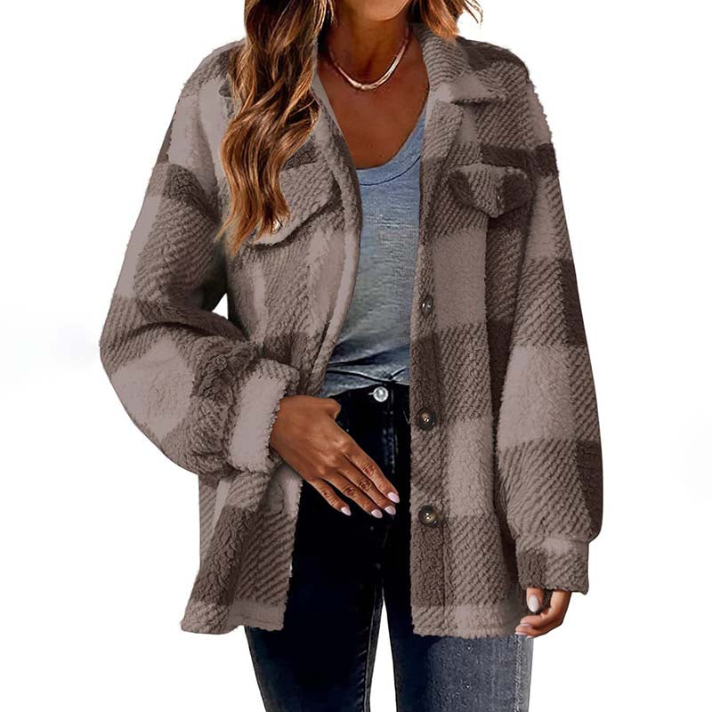 Street-wave Cozy Pink Plaid Coat For Women All Season Warmth With Button Front And Soft Cotton Poly