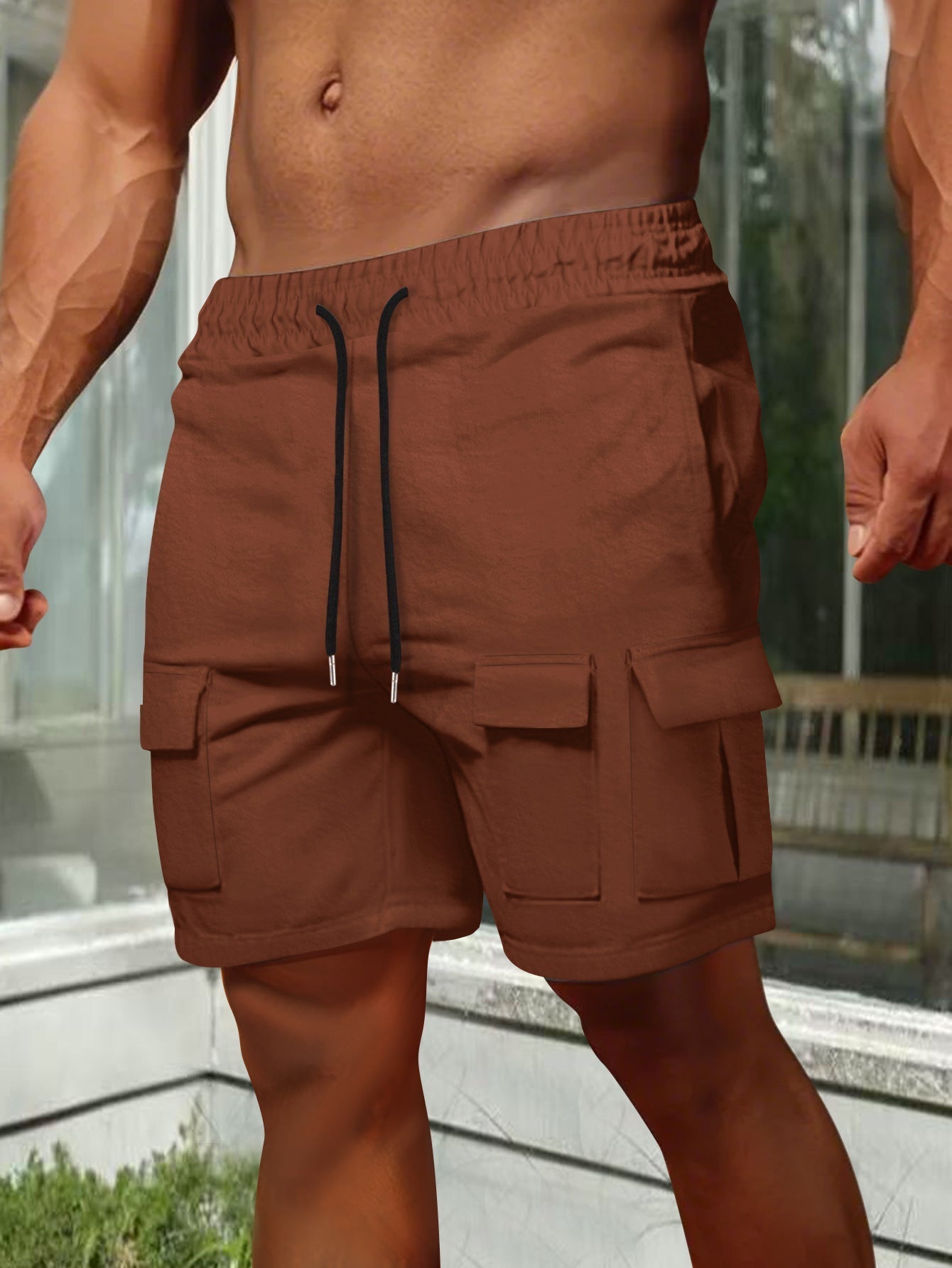 Street-Wave Mens Cargo Shorts Olive Relaxed Fit Breathable Elastic Waist Pockets