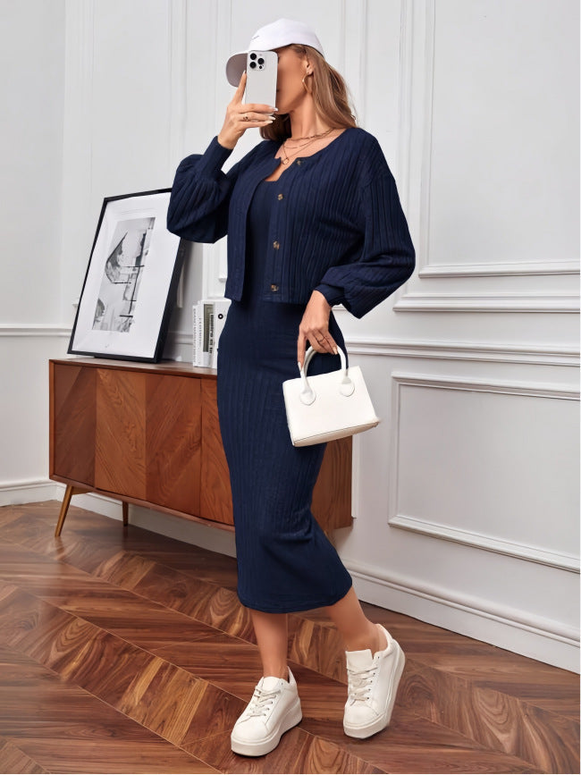 Streetwave Women Knit Set Button Front Cardigan With Oversized Sleeves Maxi Skirt Chic