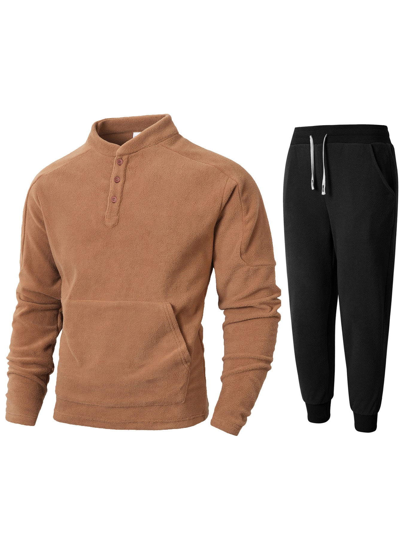 Street-wave Men's Cozy Fleece Tracksuit Set With Button Placket And Pockets For Home And Sport