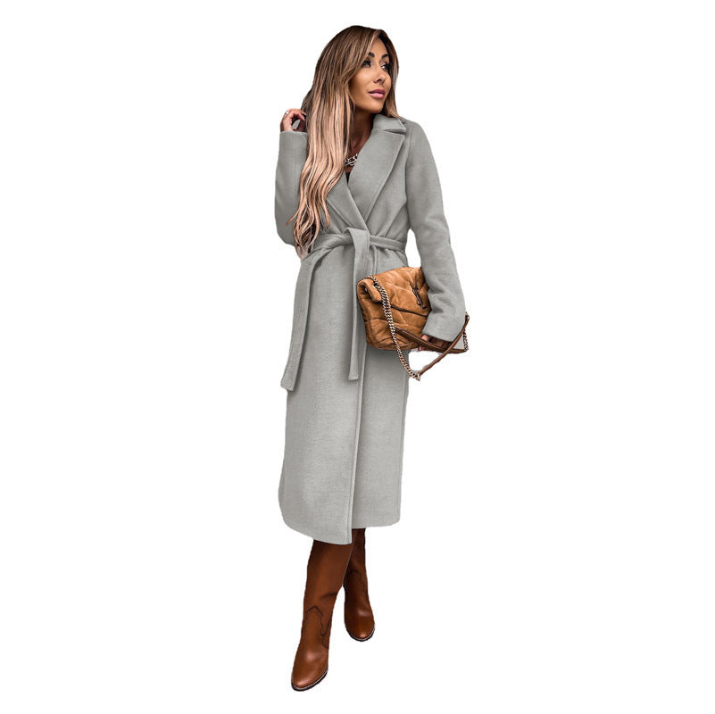 Street-wave Womens Wool Coat With Waist Belt Long Elegant Silhouette Warm Outerwear