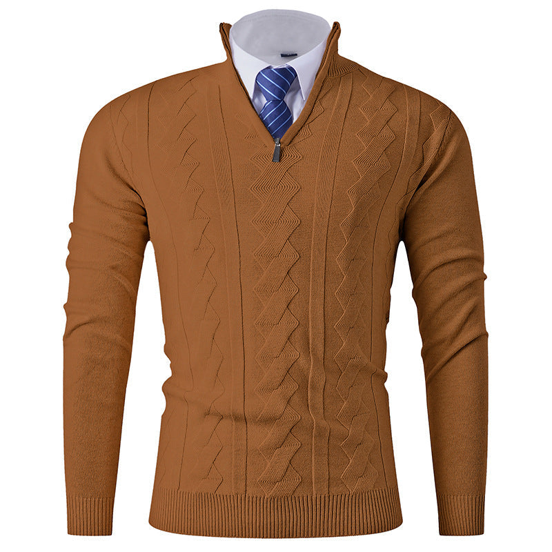 Street Wave Men's Premium Elegant Stand Collar Knit Sweater With Textured Zipper For Everyday Wear