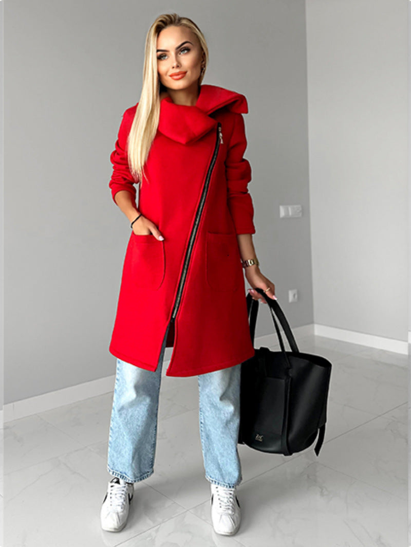 Street-wave Fleece Jacket With Diagonal Zip And Revers Collar Mid Length For Women Cozy Warm Outerwear