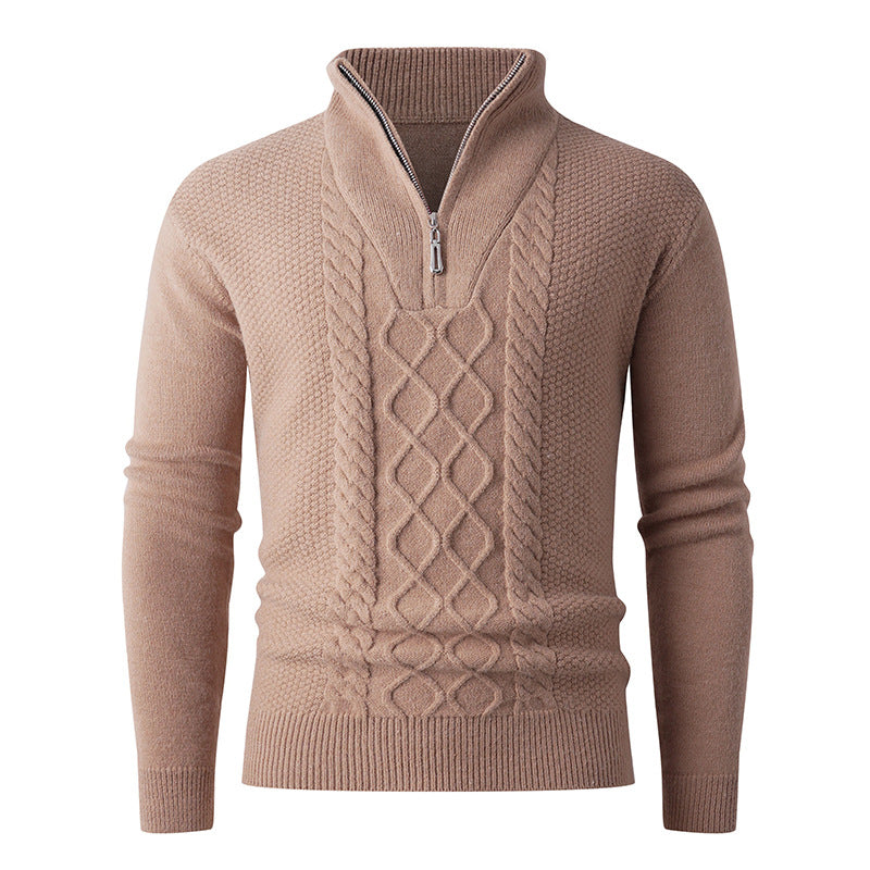 Street Wave Mens Chunky Knit Sweater With Zip Stand Collar Cozy Cable Knit Pullover For Winter
