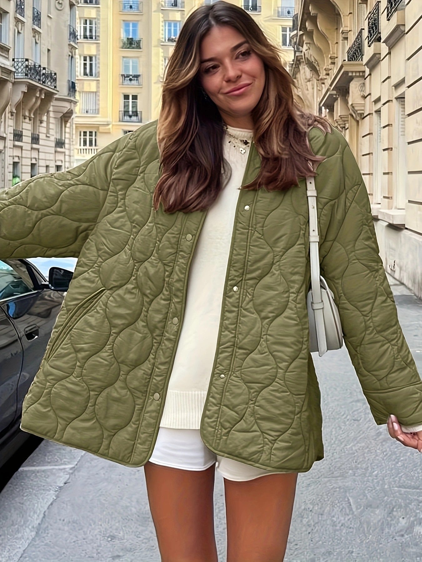 Streetwave Women Quilted Jacket With Large Pockets Round Neck Cozy Everyday Coat