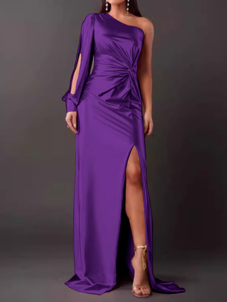 Street-wave Glamorous Navy Satin Evening Dress With Asymmetrical Neckline, Ruched Pleats, High Slit For Women