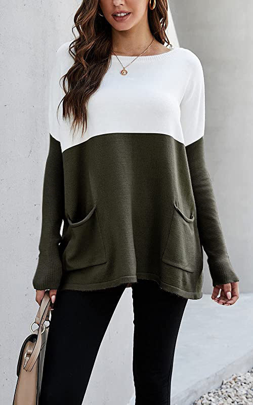 Street Wave Womens Colorblock Knit Sweater With Large Front Pockets Cozy Everyday Essential