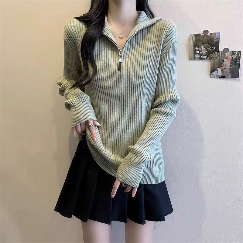 Street-wave Women's Ribbed Zip Neck Pullover With Stand Collar Luxurious Cozy Knit