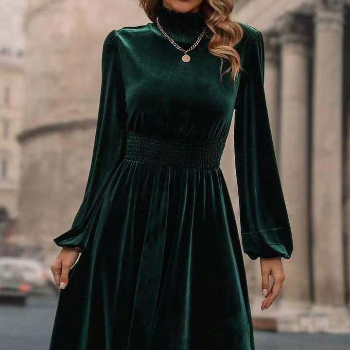 Velvet Dress For Women Street-wave High Neck Long Sleeve Elegant Silhouette Ideal For Events