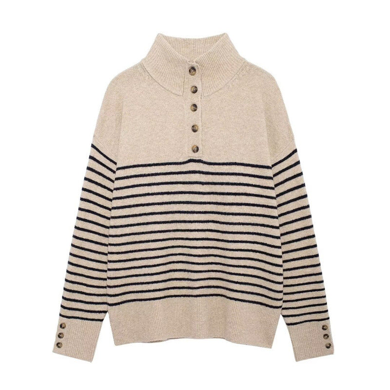 Street-wave Women's Knit Sweater With High Collar And Button Details Cozy Warmth For Everyday Style