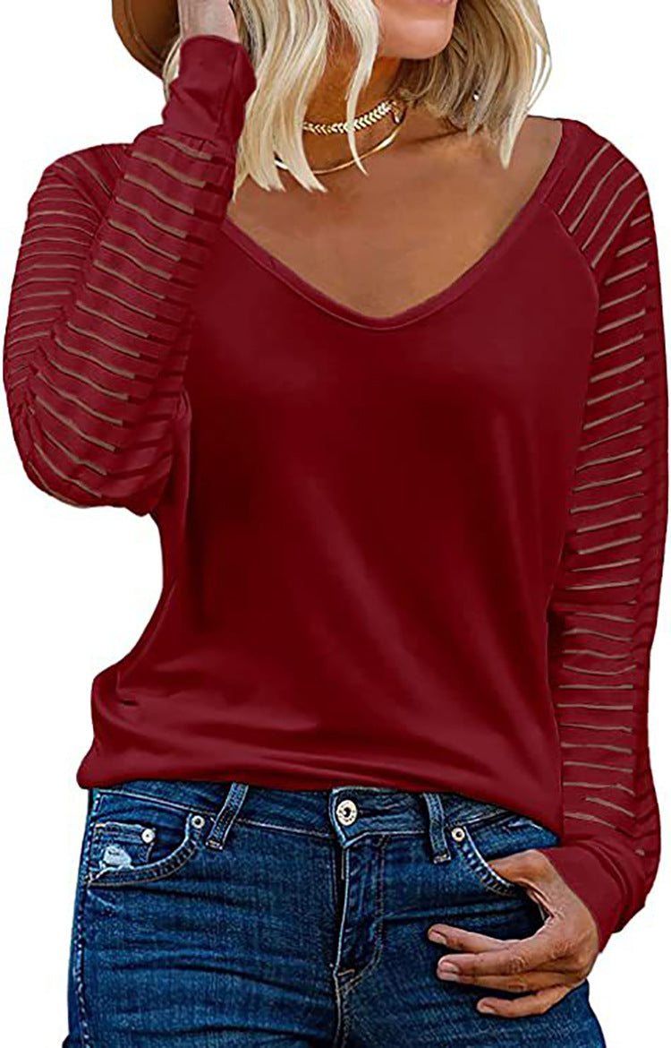 Street-wave Women V-Neck Long Sleeve Shirt With Striped Sleeves For Stylish Everyday Comfort