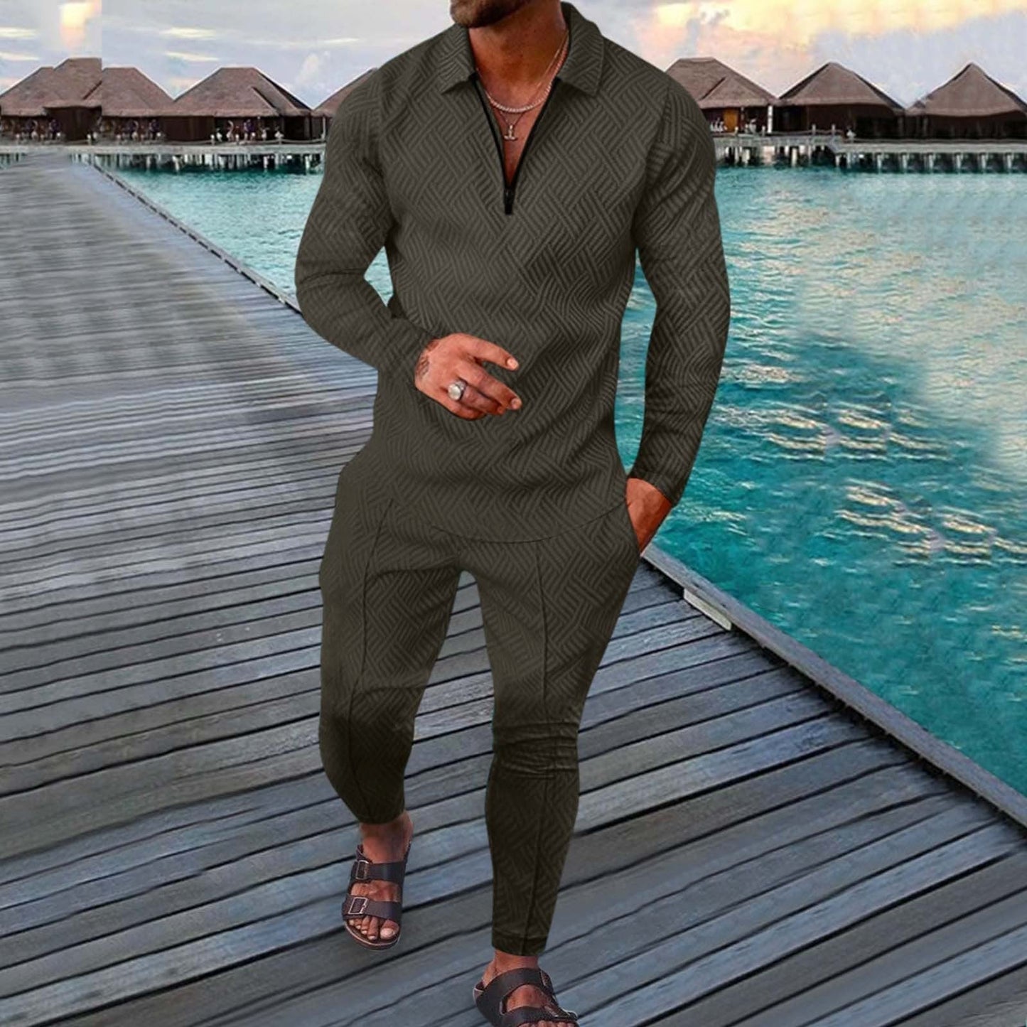 Men's Two Piece Slim Fit Sports Leisure Suit With Breathable 3D Print Long Sleeve Polo By Street-Wave
