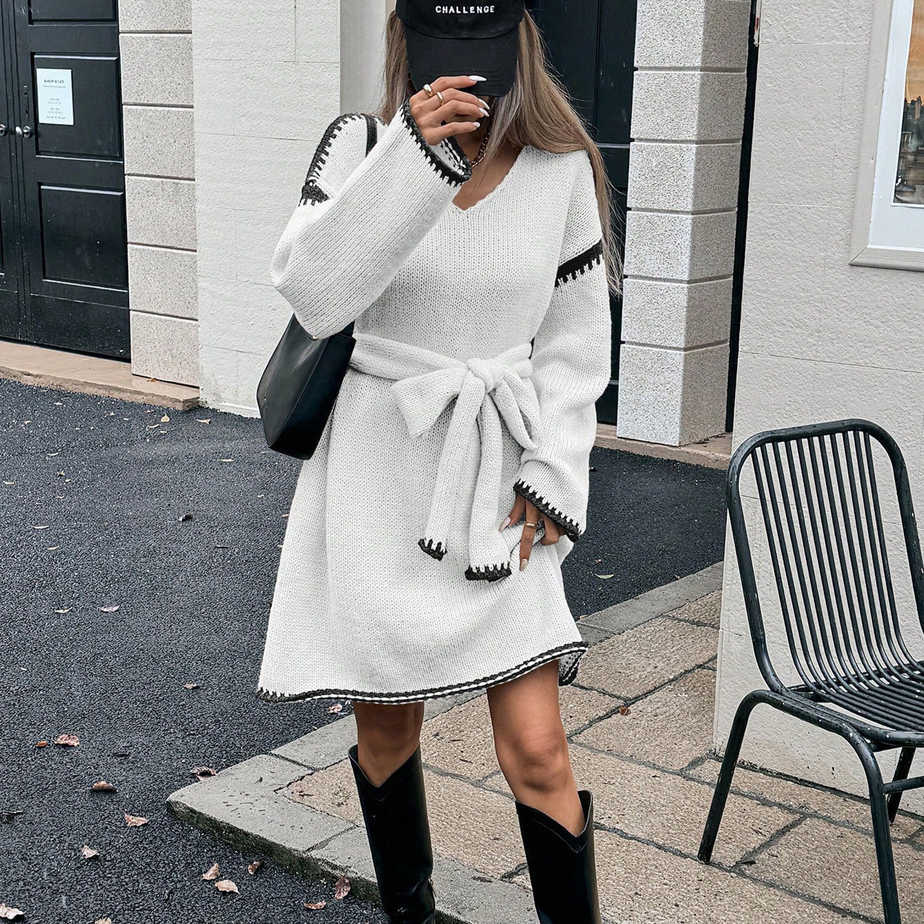 Street-Wave Knit Dress With Belt And V-Neck For Women Flattering Silhouette Cozy Elegant
