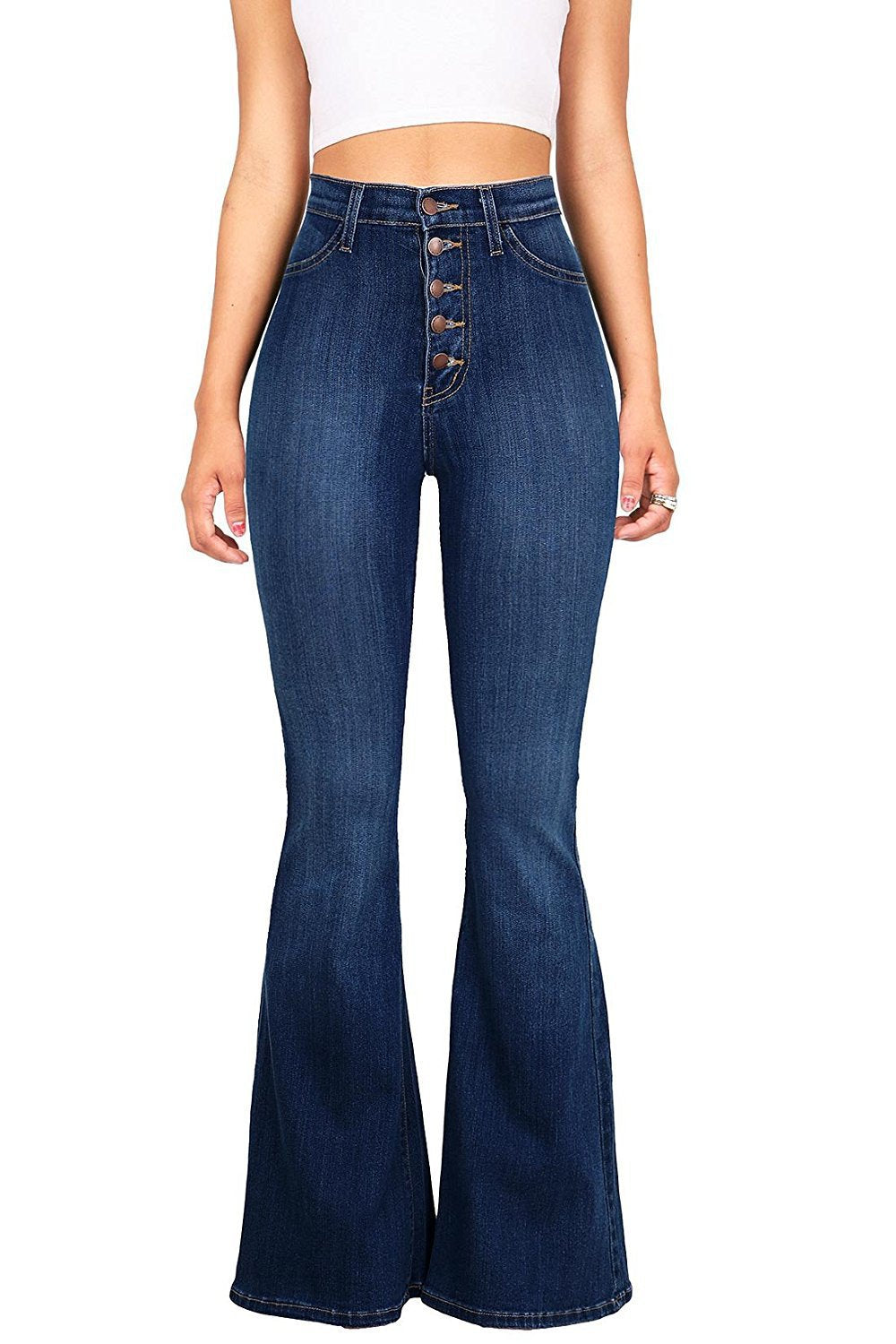 Street-Wave Womens Flared Jeans With High Waist Silhouette And Decorative Button Placket