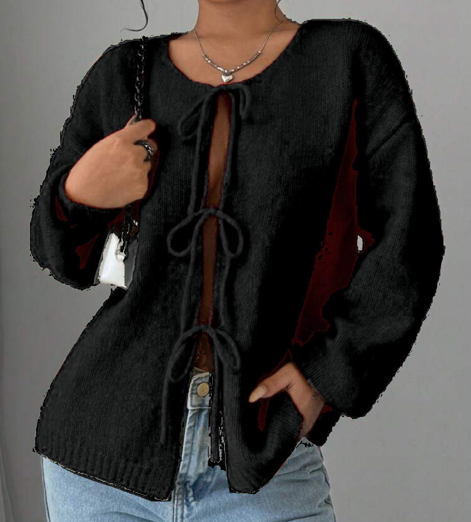 Street-Wave Women Oversized Knit Sweater With Decorative Tie-Front Detail For Cozy Everyday Style